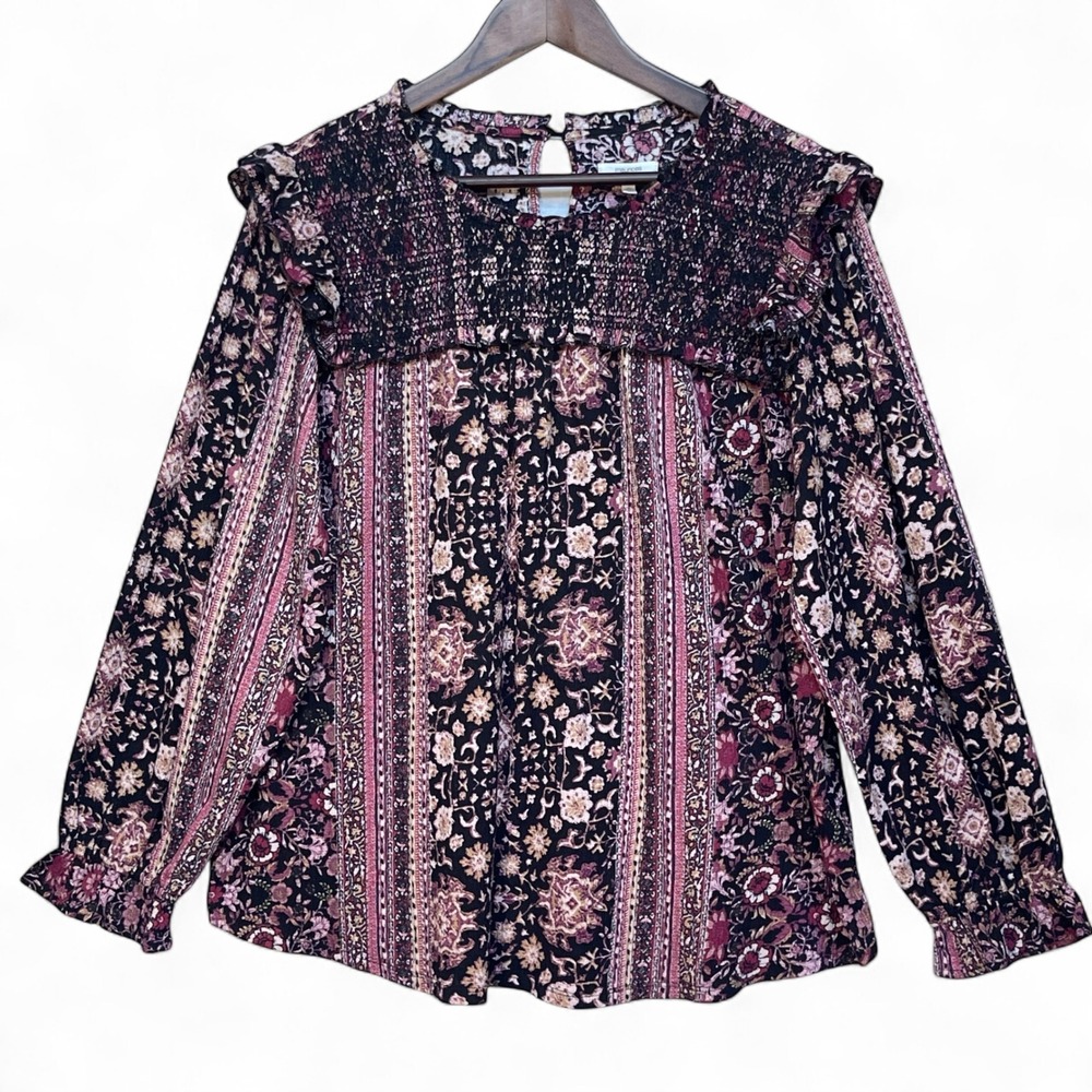 Maurices Womens XL Boho Floral Smocked Ruffle Long Sleeve Blouse Black Burgundy